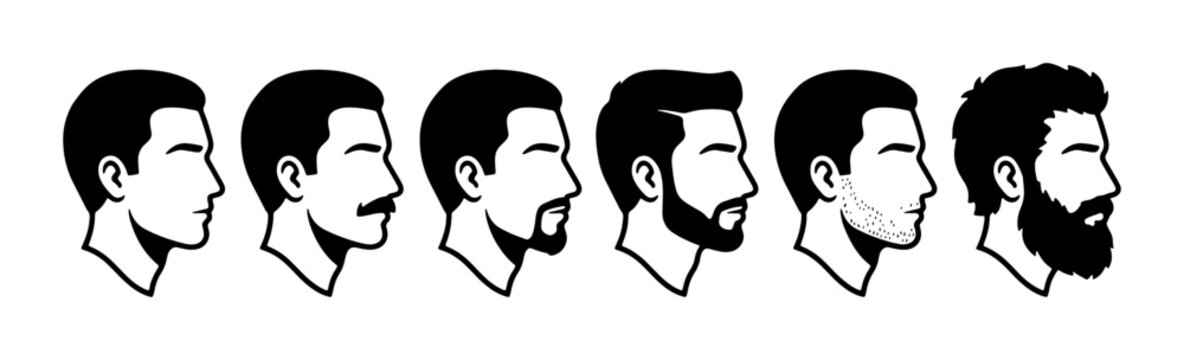 Diverse Male Facial Hair Styles Collection, Vector Icons: Clean Shave to Full Beard, Moustache and Goatee Options for Grooming and Style Guides