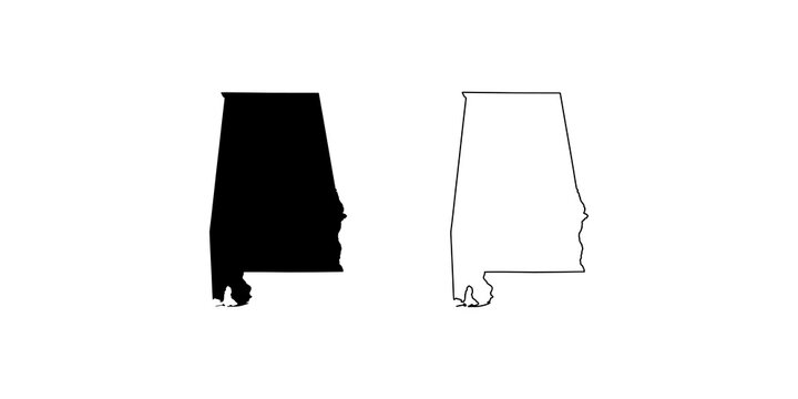 State of Alabama map silhouettes in solid black and thin outline style for regional geographic design.