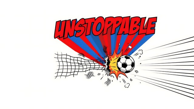 Comic book style vector graphic depicting soccer ball hitting goal net with unstoppable text.
