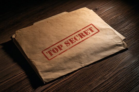 Vintage brown paper folder with a red top secret stamp lying on a dark wooden desk. Confidential information concept for security and spy themes.
