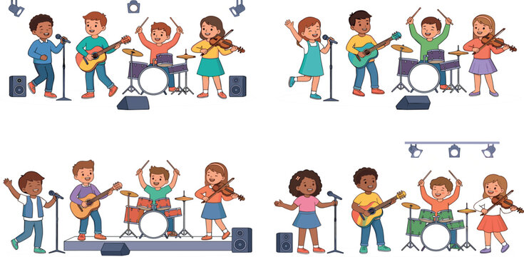 Cute cartoon children rock band performing live music concert on stage vector illustration set