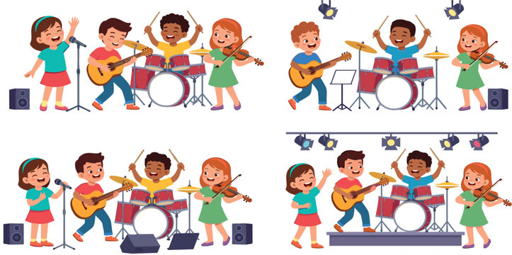 Cute cartoon diverse children musical band performing together on stage vector illustration background set