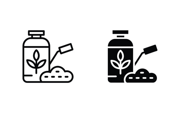 Fertilizer bottle and soil testing vector line and glyph icons set with analysis