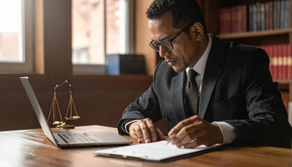 Obraz premium Lawyer working at wooden desk with laptop and legal documents, warm office environment