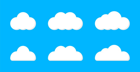 Obraz premium Fluffy White Cloud Icon Set on Blue Sky Background. Vector Illustration