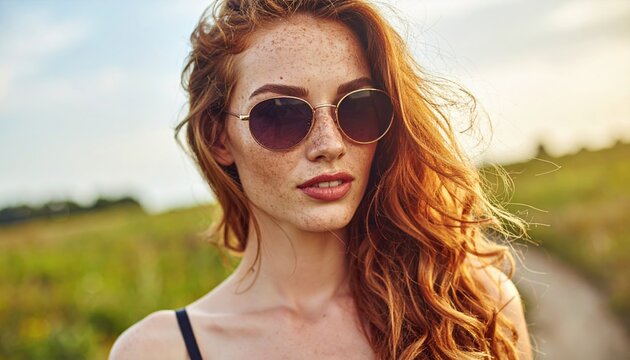 Beautiful freckled woman wearing stylish sunglasses outdoors, summer lifestyle photography