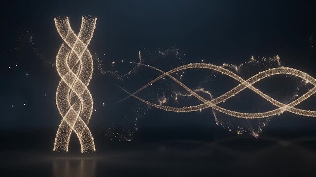 DNA helix, science and biotechnology with glowing particles in dark background for medical research, genetics and health. Double helix, molecular biology and evolution with gold light and copy space