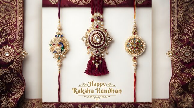 Three traditional rakhi bracelets isolated on white background for raksha bandhan festival