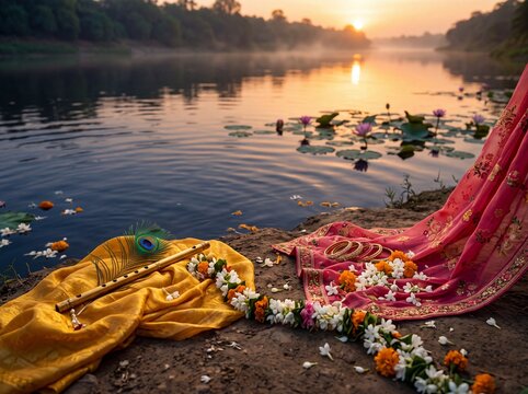 Radha Krishna Devotional Concept with Peacock Feather and Flowing Fabrics