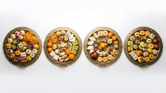 Four traditional indian sweet platters isolated on white background