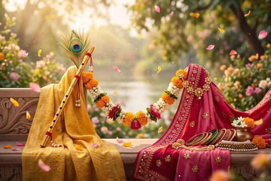 Radha Krishna Devotional Concept with Peacock Feather and Flowing Fabrics