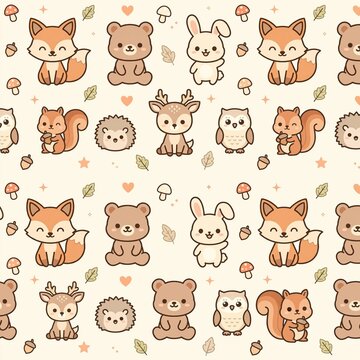 Cute Kawaii Forest Animals Seamless Pattern, Fox Bear Bunny Deer
