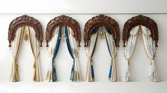Four ornate wooden carved arches with elegant curtains isolated on white background