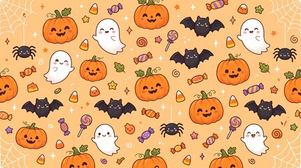Fototapeta premium Cute halloween seamless pattern with pumpkins ghosts bats spiders and candy on an orange background for festive holiday wrapping paper or fabric design
