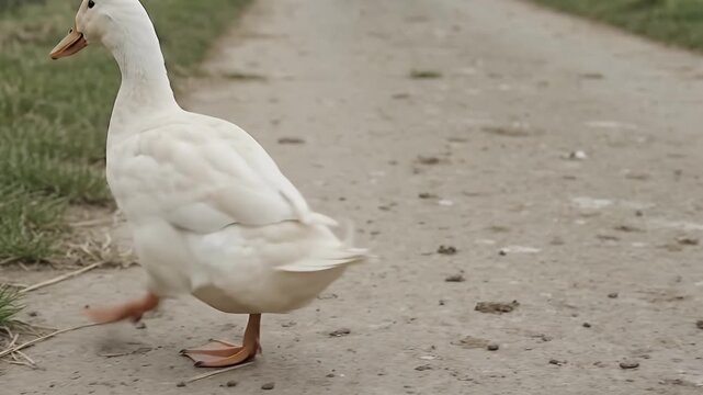 White duck, walking and poultry on farm path for agriculture, nature and bird life. Domestic, animal and waterfowl on rural road with feathers, orange beak and pet outdoors for livestock and farming