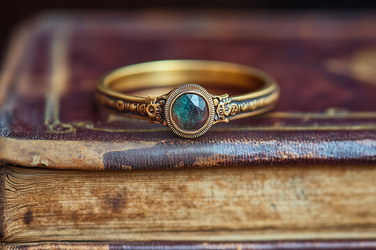 Vintage opal engagement ring with gold band resting on antique books