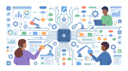 Fototapeta premium Engineers managing central processor and automated network nodes.