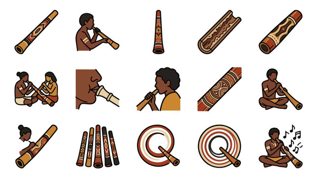 Indigenous Australian didgeridoo and cultural instrument icon set.