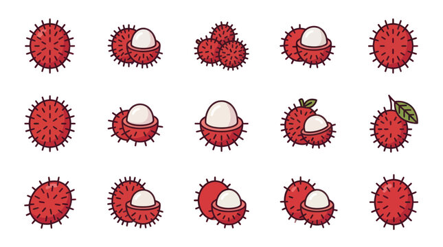 Red rambutan fruit icon pattern set.