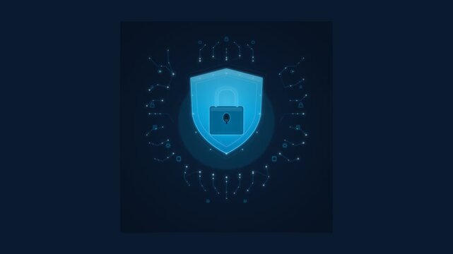 Digital cybersecurity shield icon with padlock representing data protection