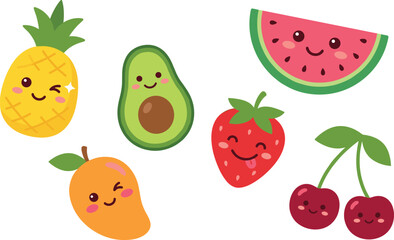Fototapeta premium Cute kawaii fresh organic summer fruit sticker vector collection featuring happy cartoon pineapple avocado watermelon mango and strawberry characters