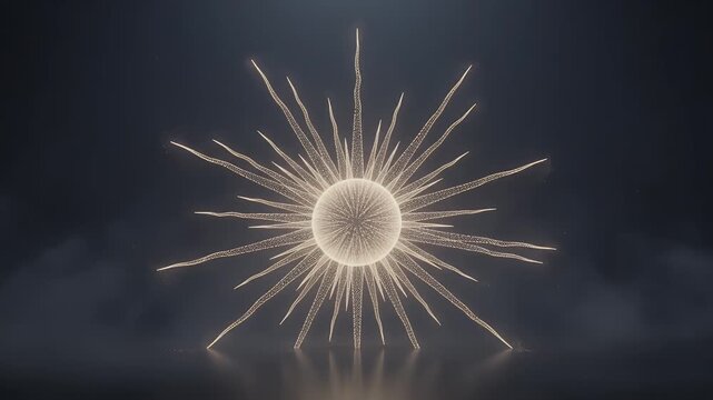 Golden sun, particle and light motion for energy background, technology and digital science. Abstract star, space and glowing rays with nebula, cosmic mystery and future for presentation visual