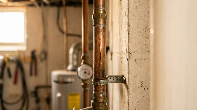 Aging Copper Plumbing Pipes with Corrosion and Pressure Gauge