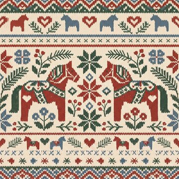 Traditional Nordic knit-style textile design featuring iconic Dala horse motif and festive floral patterns perfect for Christmas holiday decor projects and cozy winter fashion applications