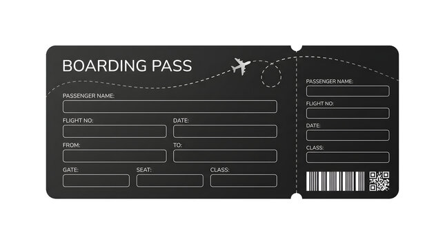 Blank black airplane boarding pass ticket template with barcode and qr code, isolated on transparent background