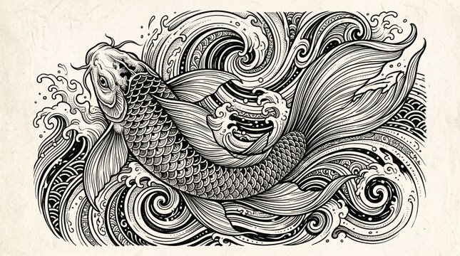 Two koi fish in circular motion with swirling water, detailed scales and fins, black‑and‑white Japanese tattoo style emphasizing harmony and balance.