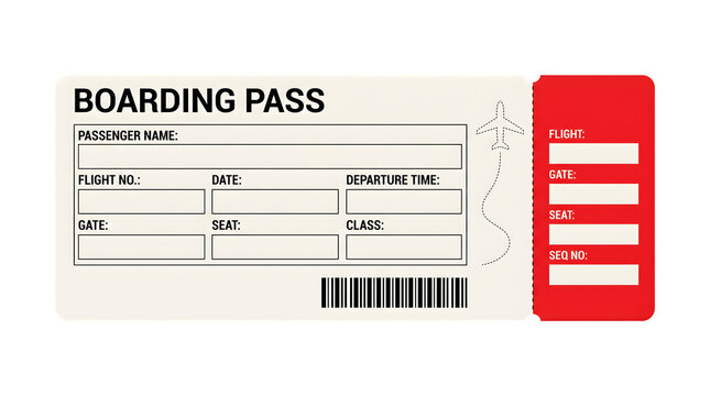 Blank airline boarding pass ticket template with flight details, passenger information, and barcode, ready for customization isolated on transparent background