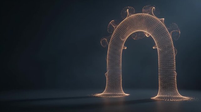 Digital arch portal and futuristic technology background for innovation, network data and energy connection. Abstract glow, particles and cyber gate for science fiction, gateway and portal web.