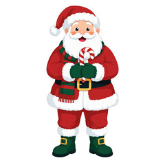 Fototapeta premium Cute cartoon santa claus standing holding a candy cane isolated on transparent background