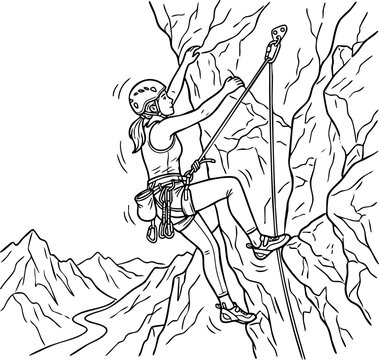 Woman rock climber scaling a steep mountain cliff edge using safety climbing rope