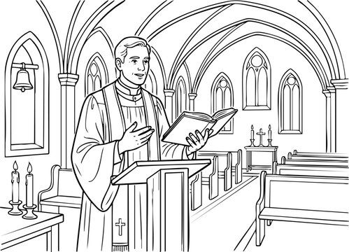 Priest preaching from the pulpit holding an open book inside a church interior