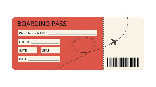 Airline boarding pass ticket with flight details, passenger name, gate, seat, and date, featuring an airplane icon and barcode isolated on transparent background