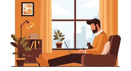 Fototapeta premium Man Working on Laptop at Home with Cat Illustration - Remote Work and Freelance Concept in Cozy Living Room