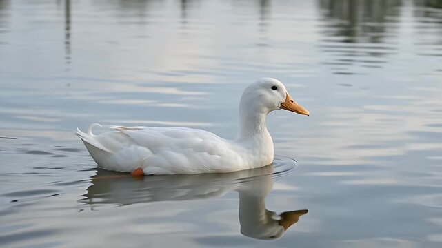 White duck swimming in pond with water, nature and reflection. Wildlife bird, animal and lake for environmental conservation, park and organic farm life. Calm outdoors, poultry, avian and wetland