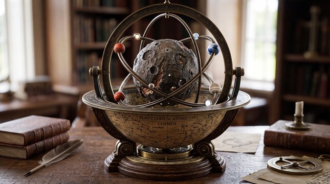 Ornate armillary sphere with metallic rings around central globe, placed on wooden desk among books, telescope, and charts in antique scholarly study.