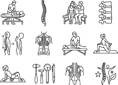 Chiropractic care vector icons set illustrating spinal adjustment therapy