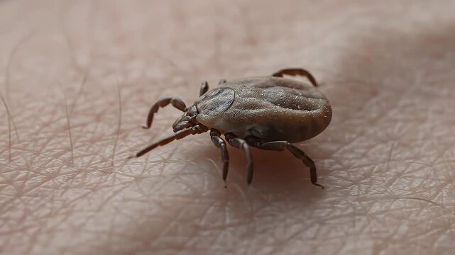 Tick on skin, parasite and lyme disease risk with medical health. Insect, bite and danger with encephalitis, microscopic and wood tick on arm for biology, healthcare and disease prevention alerts