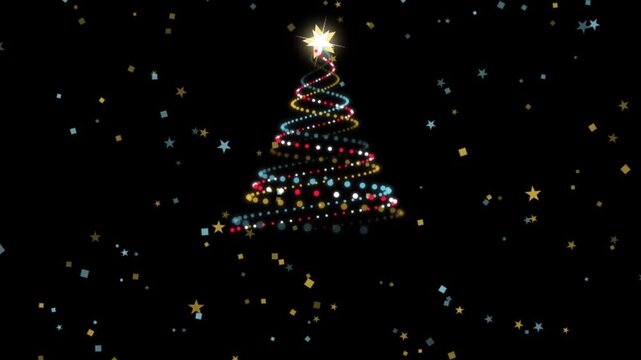 Glowing Christmas tree made of colorful lights, festive holiday background with falling stars, magical winter celebration video