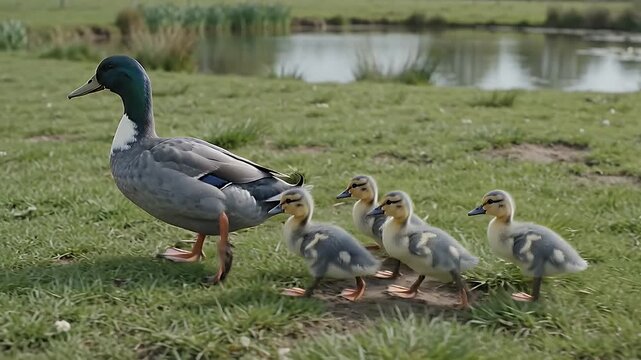 Mallard duck, ducklings and family walking on grass near pond for nature documentary, wildlife education and outdoor environment. Father bird, young chicks and follow in park with water, green field