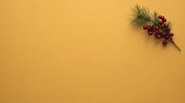 Minimalist Christmas background on yellow backdrop with pine branch corner accent for holiday greeting cards, winter sale banners, and social media post copy space