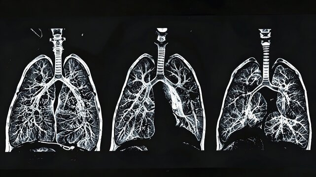 Progressive comparison of pneumonia lung CT scan, medical illustration showing ground‑glass opacity and pulmonary consolidation, respiratory disease