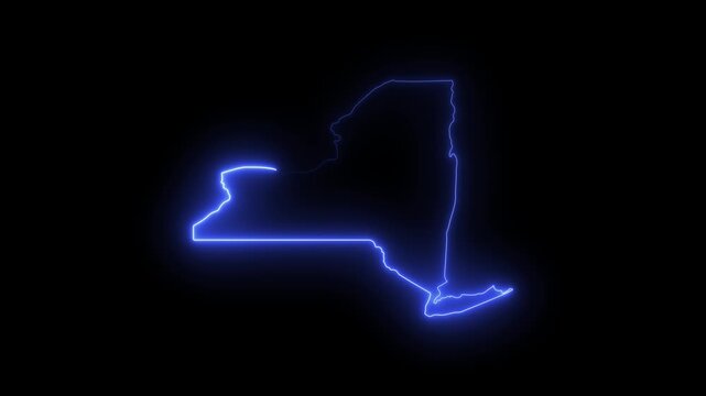 New york state map outline with glowing neon blue light effect on black background