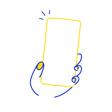 Hand holding a mobile phone in minimal linear style. Hand icon