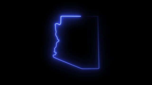 Neon arizona state map outline glowing blue line animation on black background