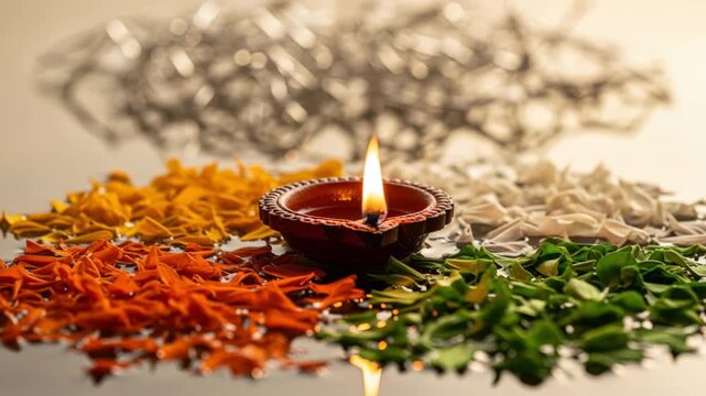 Clay diya lamp burning with bright flame, surrounded by saffron, white, green flower petals forming national tricolor, celebrating indian independence day of india on august 15.