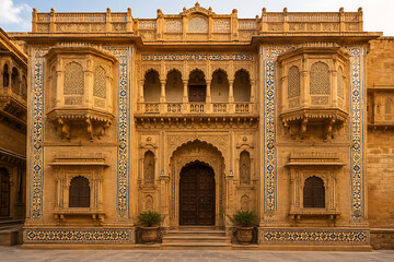 Obraz premium Majestic golden yellow sandstone haveli facade featuring twin jutting jharokha balconies with fine lattice stone screens (jaali), framed by a central scalloped arch and rich geometric tile mosaic bord